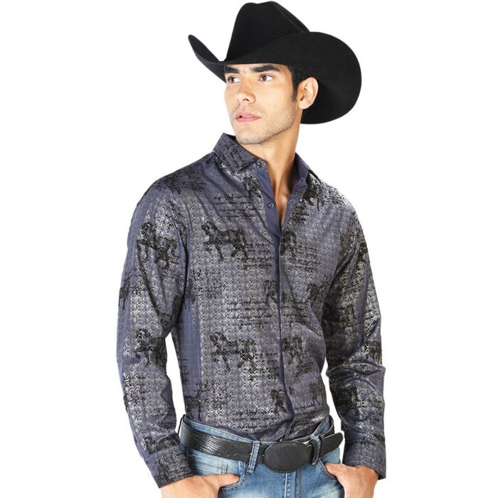 Camisa El Señor De Los Cielos 43598 Color Navy Con Caballos Negros