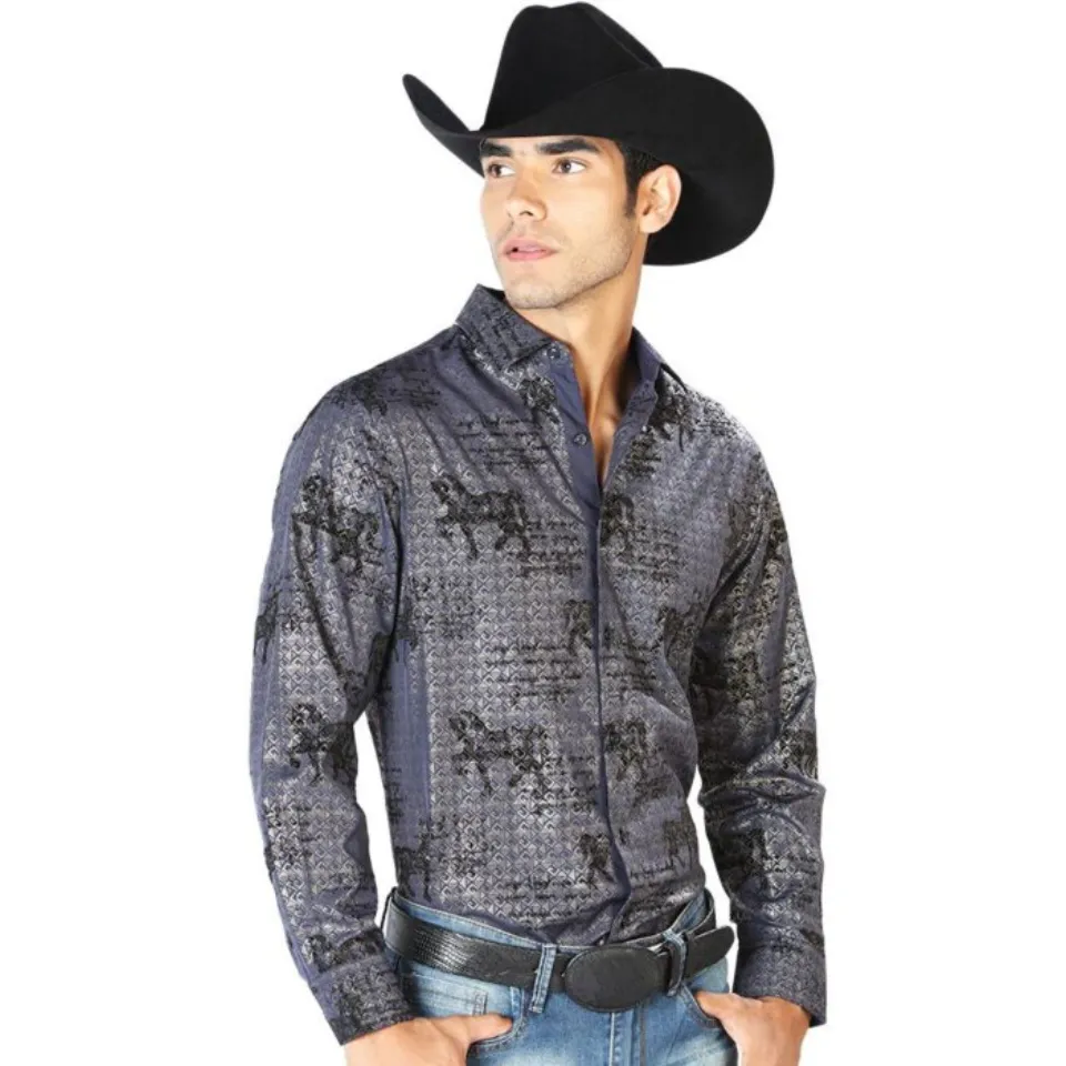 Camisa El Señor De Los Cielos 43598 Color Navy Con Caballos Negros