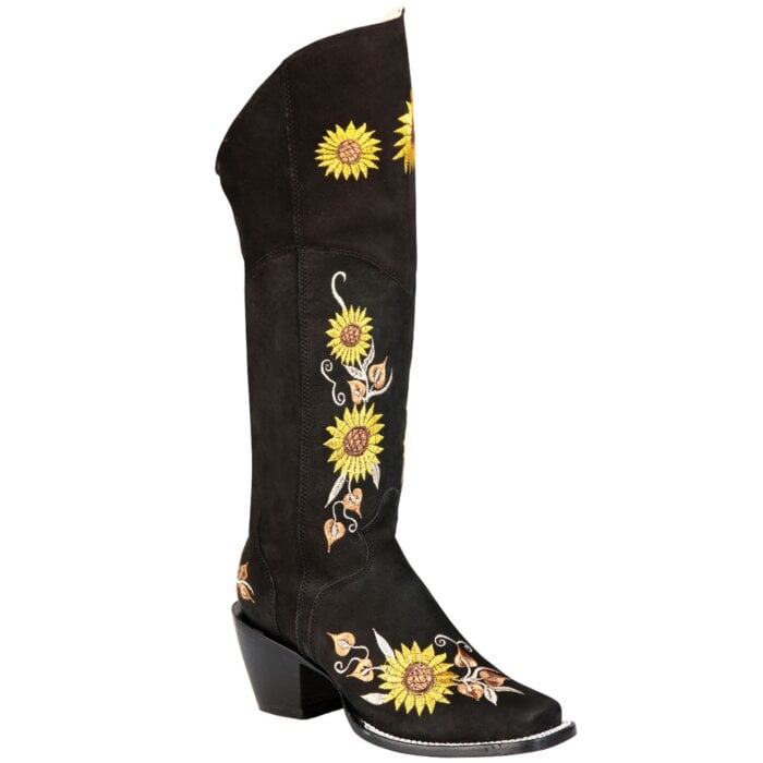 Bota Vaquera Alta Negra Para Mujer Bordado Girasoles El General 43914