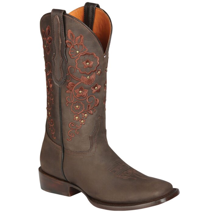 Botas vaqueras para mujer El General 44847 en piel Crazy color café, con bordado floral, suela de cuero y construcción welt.