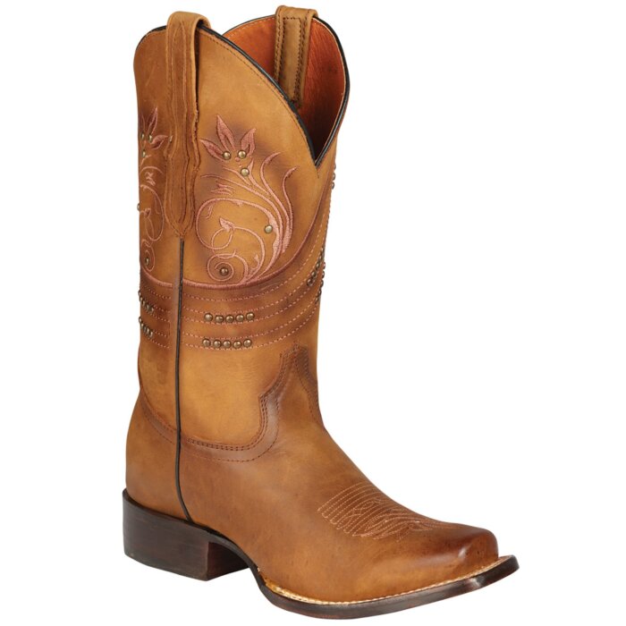 El General 44852 women's cowgirl boots in honey Crazy leather with Rodeo toe, leather outsole, and decorative studs.