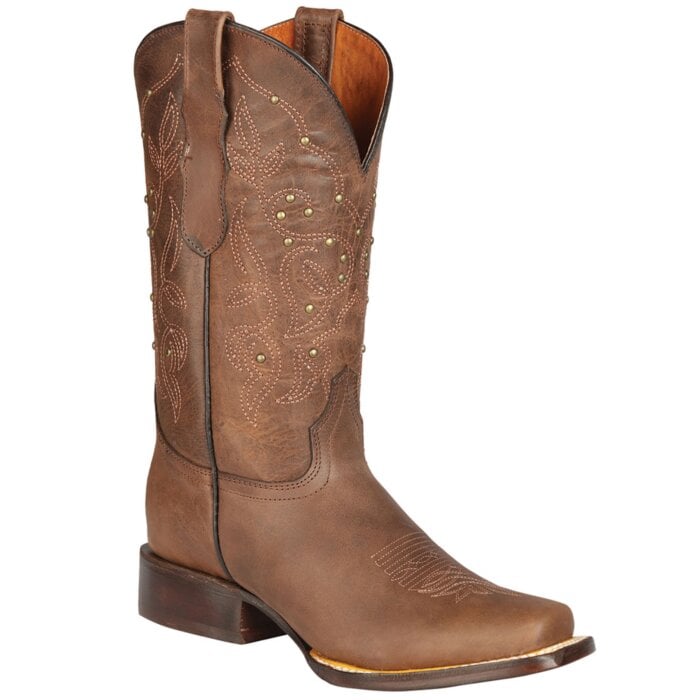 El General 44853 women's cowgirl boots in brown Alazan leather with Rodeo toe, leather outsole, and elegant Western embroidery.