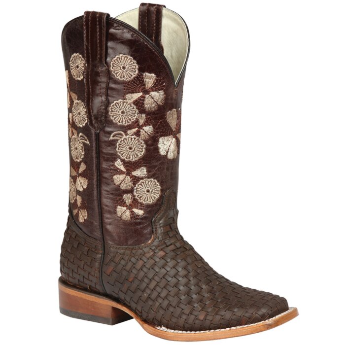 Botas vaqueras para mujer El General 44855 en piel Crazy Petatillo color café, Horma Texas, suela de cuero y bordado floral.