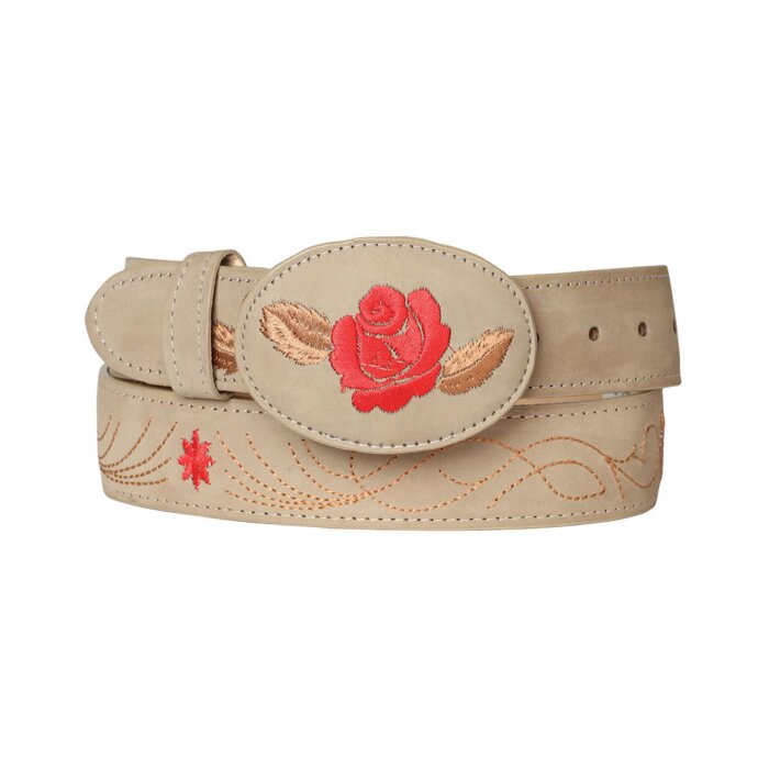Cinturón para mujer El General 125465 en piel nubuck color arena, con bordado floral y diseño de rosa roja en el centro.