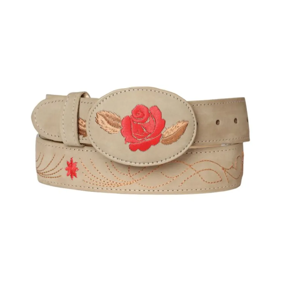 El General 125465 women's belt in sand-colored nubuck leather, featuring floral embroidery with a red rose design and matching stitching.