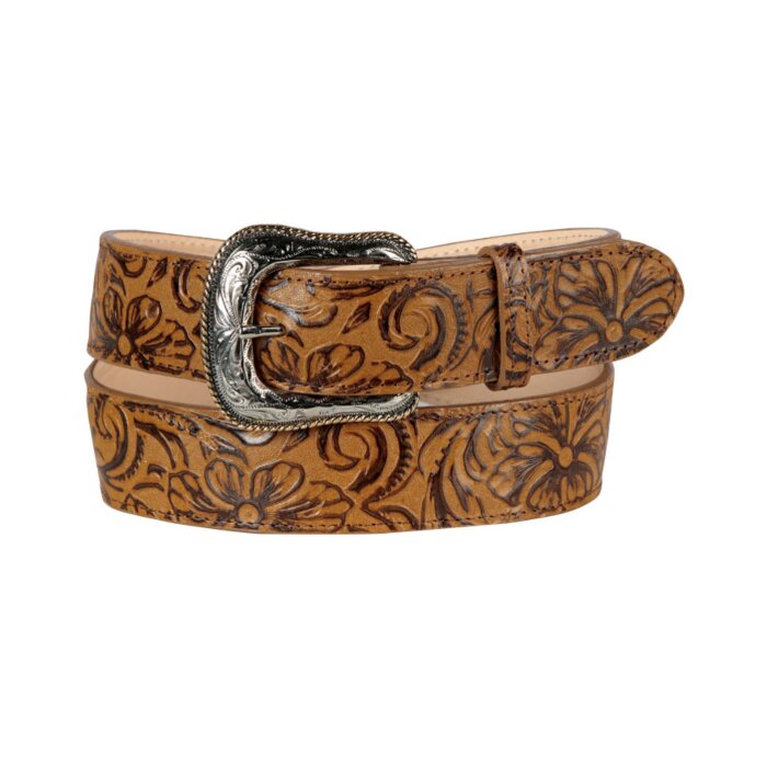 Cinturón Vaquero de Piel Cincelada para Mujer con Diseño Floral y Hebilla Plateada, Color Orix, Hecho en México.