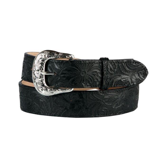 Cinturón Vaquero de Piel Cincelada para Mujer en Color Negro con Diseño Floral y Hebilla Plateada, Hecho en México.