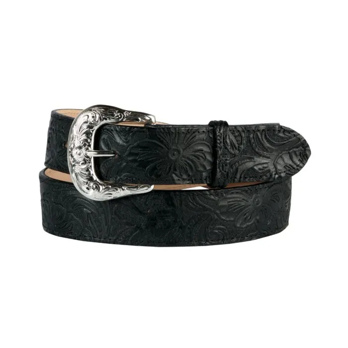 Cinturón Vaquero de Piel Cincelada para Mujer en Color Negro con Diseño Floral y Hebilla Plateada, Hecho en México.