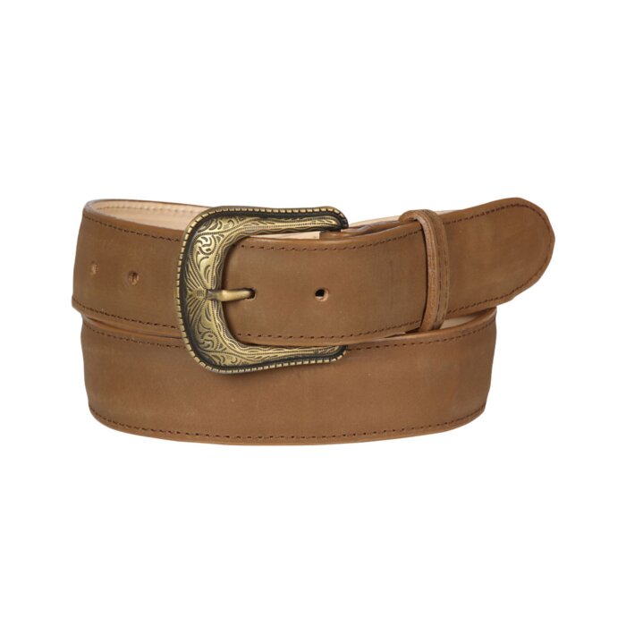Western belt El General 44647 in tobacco Crazy Leather with a vintage-inspired engraved buckle.