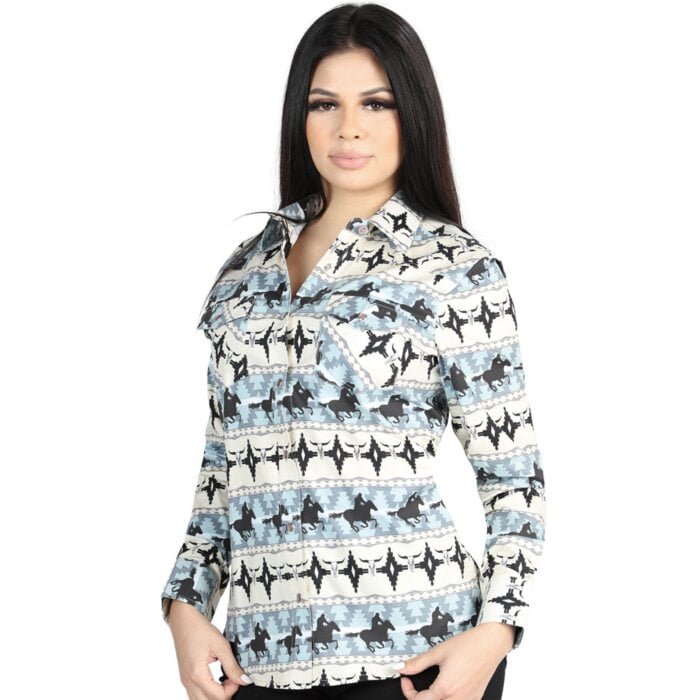 Women’s Blue Western Shirt with Cowboy and Horse Print – El General 44482