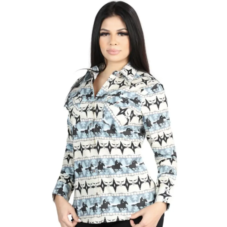 Camisa Vaquera para Mujer Azul con Estampado Western de Cowboys y Caballos – El General 44482