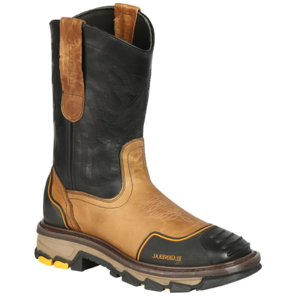 men's butter-colored Western work boots in Alazan leather, featuring a Malibu square toe and durable industrial rubber outsole, model El General 44686.