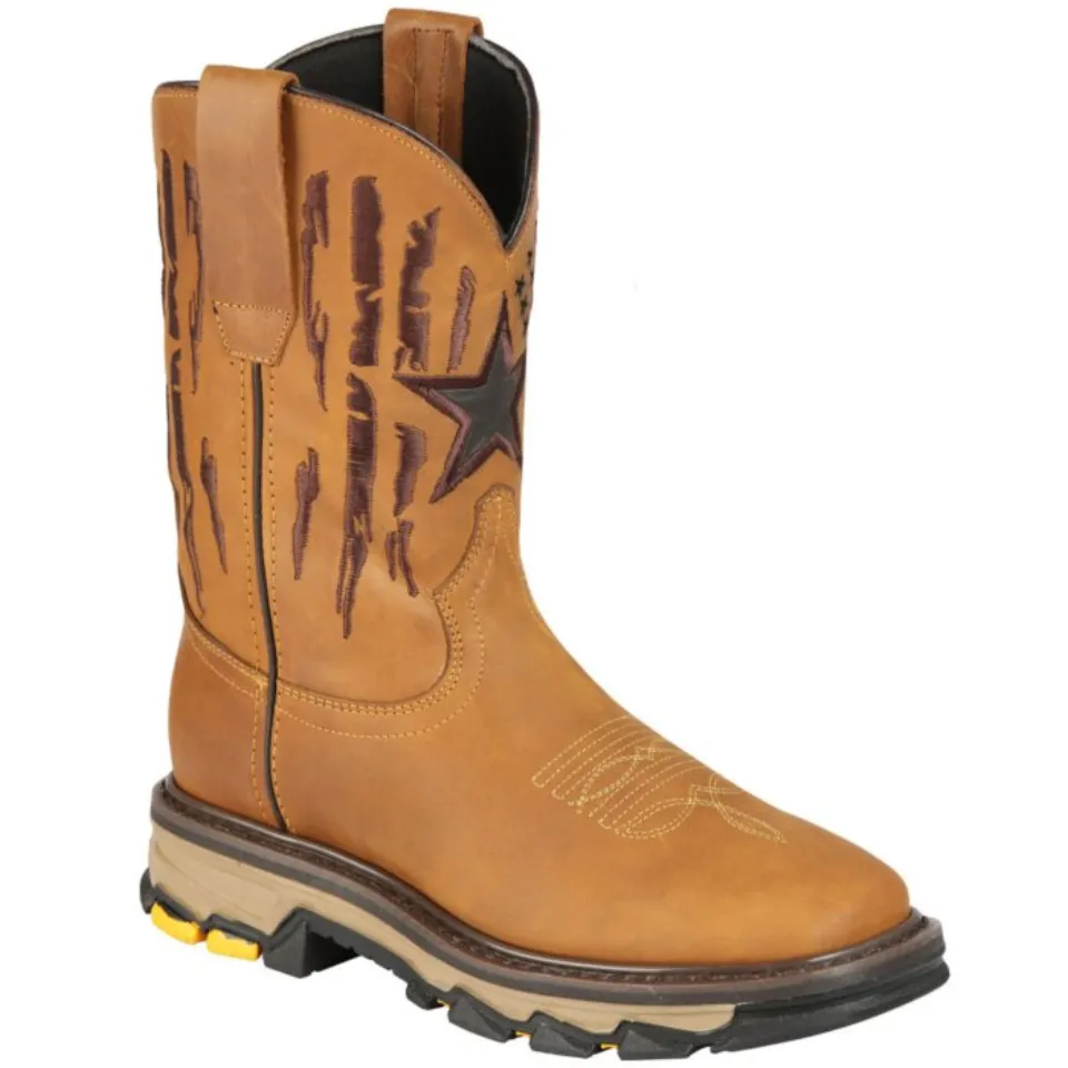 Botas de trabajo vaqueras para hombre en piel Crazy color miel, con horma cuadrada Malibu, bordado de estrellas y suela de hule, modelo El General 44690.