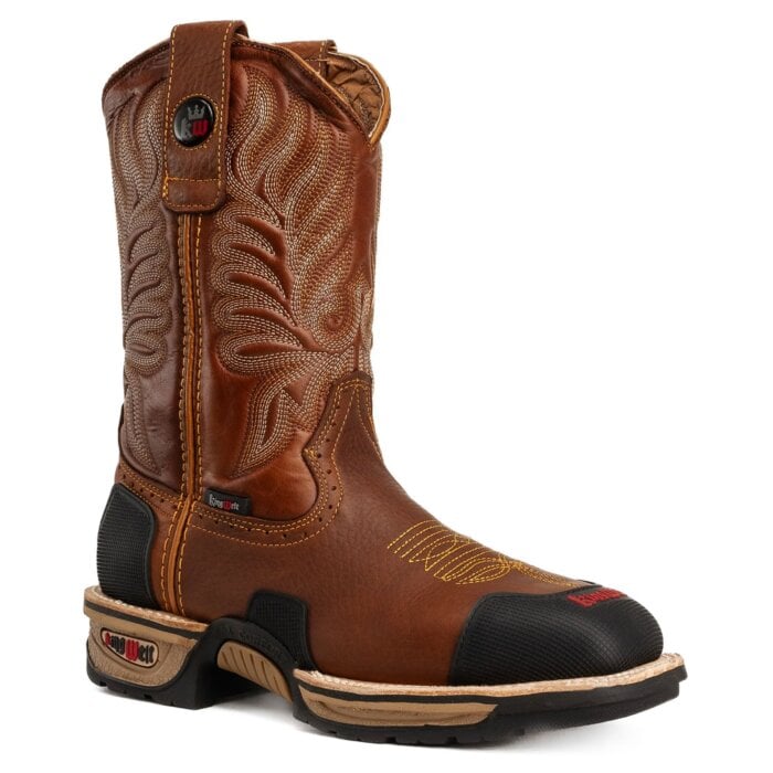 Kingwelt men's brown leather work boot with yellow stitching, composite toe, and reinforced upper