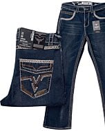Men's dark blue modern boot cut jeans featuring intricate embroidery on the back pockets, contrast stitching, and a timeless denim finish by Lamasini.