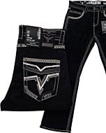 Men's black modern boot cut jeans featuring intricate embroidered back pockets and high-quality contrast stitching by Lamasini.