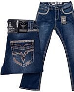 Men's blue modern boot cut jeans featuring embroidered back pockets, contrast stitching, and a classic denim wash by Lamasini.