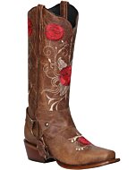 Botas Vaqueras Para Mujer tubo alto color Tang con bordado de flores rojas