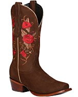Bota Piel Nobuck De Dama Vaquera color Canel con bordado en el tubo de flores rojas.