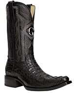 El General 45081 Black Caiman Hornback Cowboy Boots with Versace toe shape, leather outsole, and cushioned leather insole.
