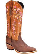 Botas Vaqueras De Mujer Color Miel Con Bordado De Flores Color Rosa WD 11-480