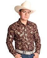 Camisa Vaquera Café Con Estampado De Herraduras y Caballos WD 11-892