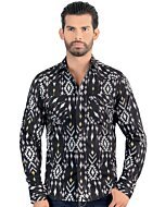 Front view of Men's Black Long Sleeve Shirt with Tribal Pattern - Lamasini 0105.