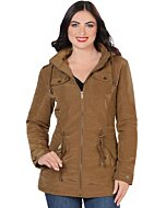 Front view of the Danesi 4044 Camel Women's Hooded Jacket featuring multiple pockets and a drawstring waist.