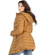 Back view of Danesi 4048 Camel long women's quilted jacket with hood.