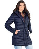 Woman modeling front view of Danesi 4048 Navy Puffer Coat, hands in pockets.