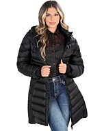 A model wearing the Danesi 4048 Black Puffer Coat with hood, front view.