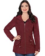 Front view of a model wearing the Danesi 4044 Burgundy jacket, showing the full zipper and drawstring details