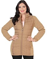Front view of a woman wearing a beige quilted jacket