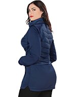 Back view of the navy quilted jacket, showing its long cut and fitted design.