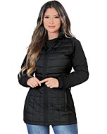 Front view of Danesi 4043 black quilted long coat with fitted waist.