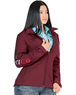 Woman in burgundy "Mexico" softshell jacket, angled view.