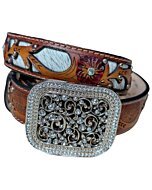 Cinturón vaquero para mujer de cuero genuino con detalles florales, pelo de res y hebilla con incrustaciones de brillantes.