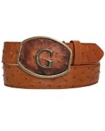 El General 45297 Western belt in genuine ostrich leather, cognac color, with "G" buckle.