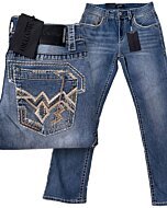 Men’s modern-fit light blue jeans with bold geometric embroidery on back pockets, Montero 4623.