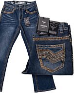 Men’s dark blue bootcut jeans with Western embroidery and contrast stitching – Lamasini 1870
