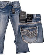 Men’s light blue bootcut jeans with Western embroidery and contrast stitching – Lamasini 1870