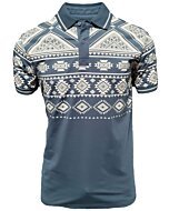 Men's teal polo shirt featuring tribal-inspired geometric designs, crafted with a lightweight cotton-polyester blend by Lamasini.