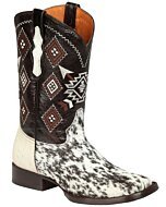 Men's Mexican cowboy boots in white and brown cow leather with hair, featuring a Rodeo toe, rubber outsole, and leather lining, model El General 44862.