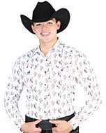 Man wearing a white Western shirt with a colorful cowboy print and a black cowboy hat.
