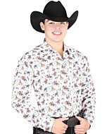 Man wearing a white Western shirt with a colorful rodeo cattle design and a black cowboy hat.