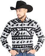 Men's Black and White Cowboy Print Long Sleeve Western Shirt – El General 4483