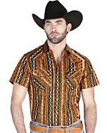 Man wearing a mustard short-sleeve Western shirt with intricate Aztec-inspired patterns and snap-button closure, ideal for a bold cowboy look.