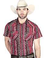 Man wearing a burgundy short-sleeve Western shirt with intricate Aztec-inspired patterns and snap-button closure, ideal for a bold cowboy look.