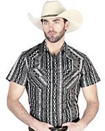 Man wearing a gray short-sleeve Western shirt with bold Aztec-inspired geometric patterns and snap-button closure, perfect for warm-weather cowboy style.