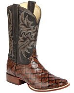 Botas vaqueras para hombre en piel imitación Monster Fish marrón con tubo negro bordado, horma bulldog y suela de cuero, modelo ESDLC 44931.